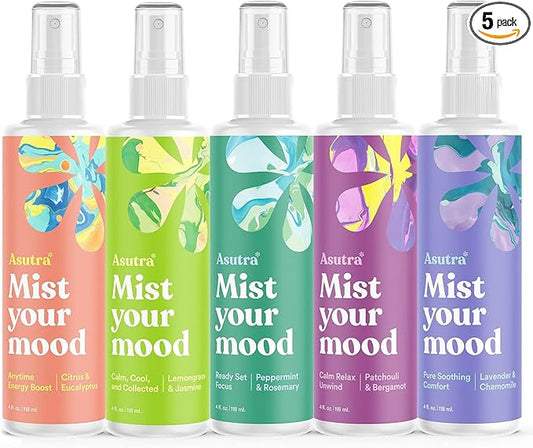 Asutra Multi-Use Natural Aromatherapy Essential Oil Room Spray, Calming Linen & Pillow Mist, 5 Scent Variety Pack, Fabric Spray for Sleep & Bed, 4 fl oz