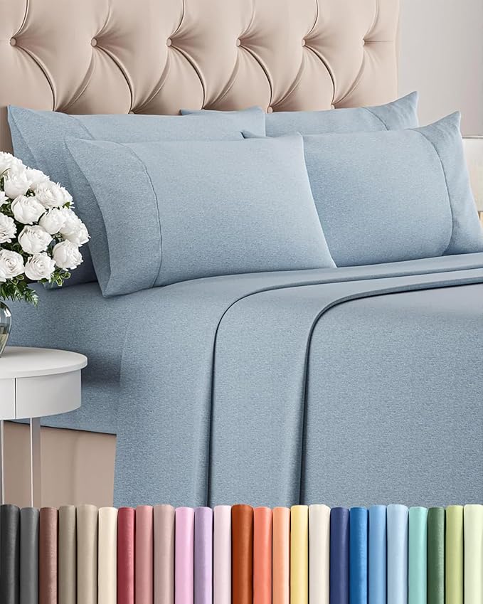 Full 6 Piece Sheet Set - Comfy, Breathable & Cooling - Soft Hotel Luxury Bedding for Women, Men, Kids, Teens and Children - 1 Flat & 1 Fitted Sheet & 4 Pillowcases with Deep Pockets - Heathered Blue