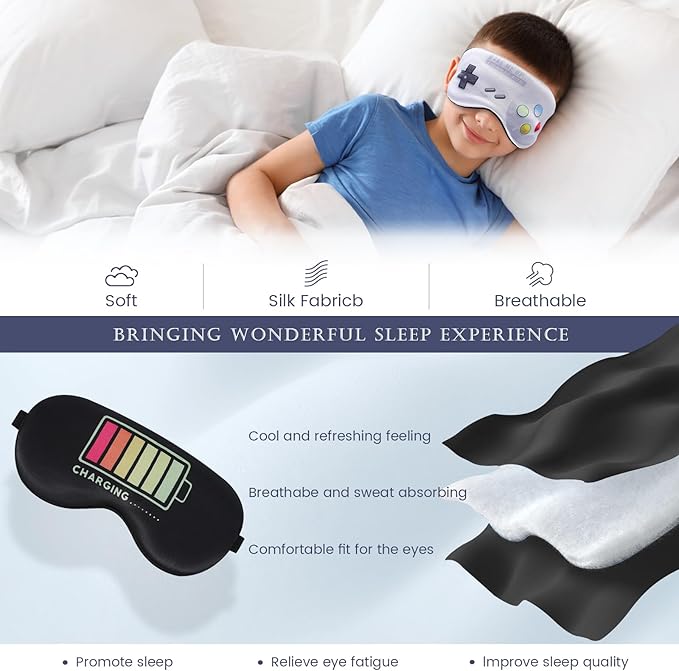2 Pcs Sleep Mask for Kids Boys, Silk Eye Covers for Sleeping, Adjustable Strap & Light Blocking Design, Adult Children's Bedtime Blindfold for Travel and Home Use with Gift Box