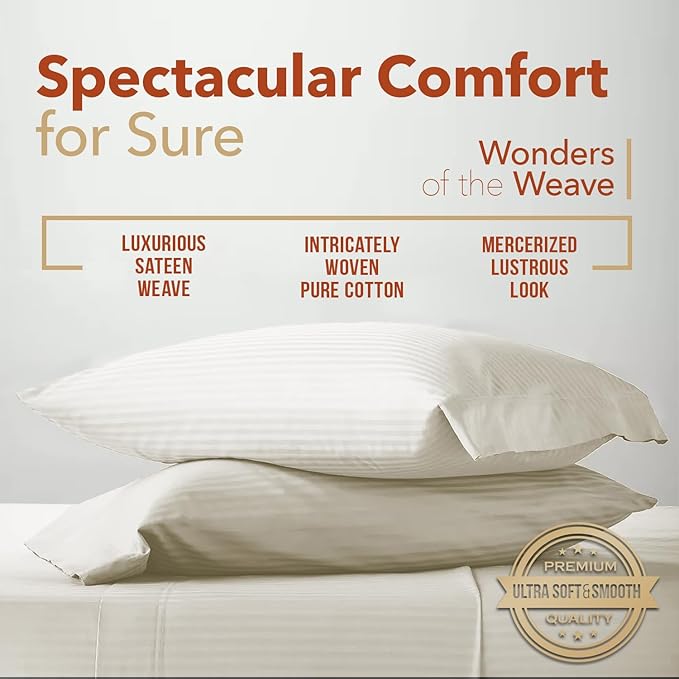TEXAS LINEN CO. Luxury Egyptian Cotton Twin Size Sheet Set - Texan Talkin' Damask 600 Series 3 PC Deep Pocket Fitted and Flat Sheets, Extra Long Staple Sateen Bedding, Dorm Room Sheets - Ivory Stripe