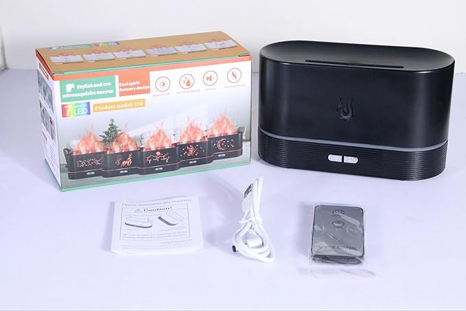 Flame Effect Essential Oil Diffuser, Black, LED Mood Light, 2-Button Control