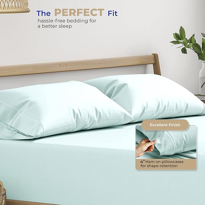 THREAD SPREAD 100% Cotton King Size Pillow Cases Set of 2 - Luxury 400 Series Glee Collection Pillow Cases King Size (Sea Foam)Soft Cooling Breathable & Durable Sateen Hotel Quality Cotton Pillowcases