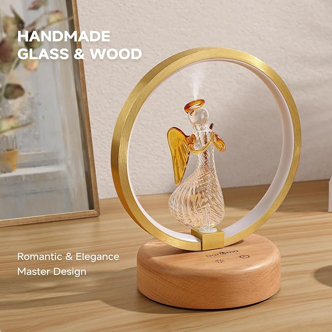 DAROMA Angel Handmade Glass & Wood Waterless Essential Oil Diffuser - Adjustable Mood Light, 2 Mist Modes for Home Office Decor, Pure Aromatherapy Gift