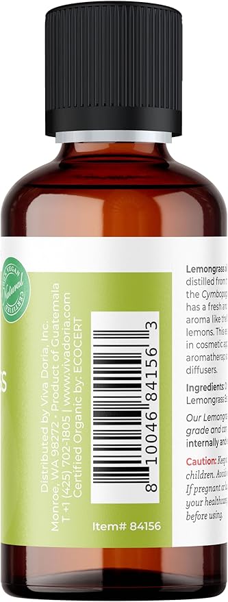 Viva Doria Lemongrass Essential Oil, USDA Certified, Organic Lemongrass Oil, 100% Pure, Natural Essential Oil, Undiluted, for Aromatherapy | Food Grade, 30 mL (1 Fluid Ounce)