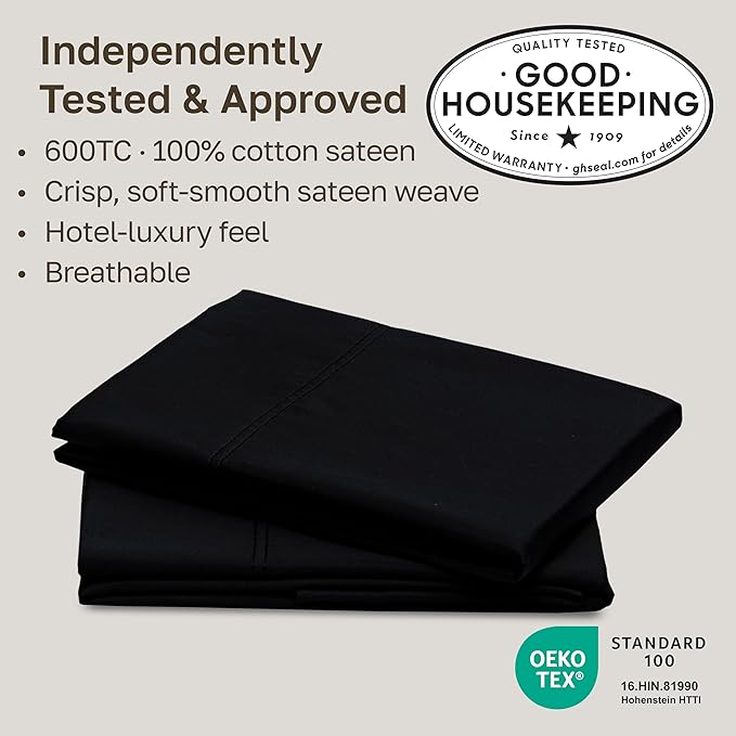 California Design Den Premium Pillow Cases Queen Size Set of 2-600 Thread Count Sateen, Natural 100% Cotton Pillow Cases Standard/Queen, Crisp, Durable Bedding - Black
