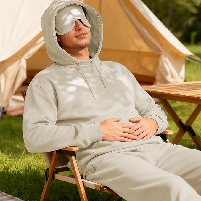 Ainangua Mens Oversized Pullover Essentials Hoodie with Eye Mask Built In Comfor Airplane Mode Travel Sleep Wearable Blanket