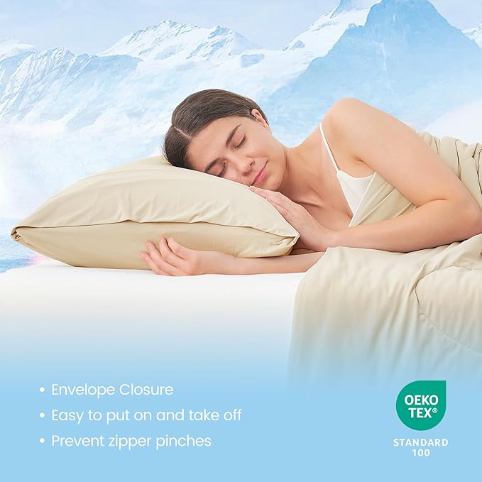 Cozy Bliss Cooling Pillow Cases for Hot Sleepers, Q-Max>0.45, Standard Size Set of 2, Soft & Silky Pillow Covers with Envelope Closure,Gift, Khaki, 20x26 Inches