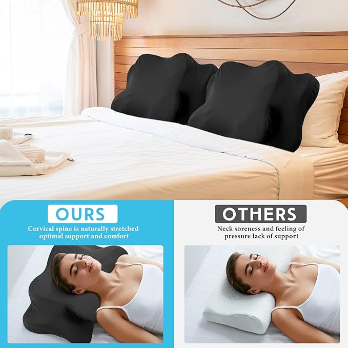 Hahafelt 2 Pcs Cooling Cervical Pillowcase with Zipper (Only Pillowcase) Ergonomic Cervical Neck Pillow Cover Breathable Cool Pillow Case for Side Back Stomach Sleepers(Black,Standard Size)