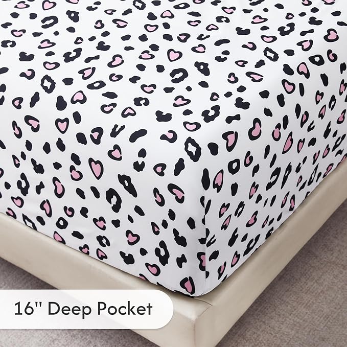 King Size Sheets Set, Leopard 4-Piece Brushed Microfiber Sheets, Cooling Bed Sheet Set, Soft & Breathable, 16' Deep Pocket Fitted Sheet & Pillowcase Set, Pink Hearts Leopard