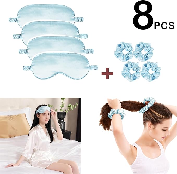 Satin Eye Mask 8Pcs Silk Sleep Masks Silky Blindfold Eyeshade Blackout Eyes Cover Scrunchies Hair Ties Travel Wedding Gifts