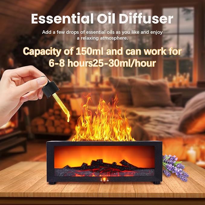 Fireplace Humidifier Diffuser, 7 Colors Flame Diffuser for Essential Oils, Fire Aroma Diffuser with Remote, Ultrasonic Air Humidifiers Aromatherapy Diffuser with Timer for Home, Bedroom, Office, Yoga