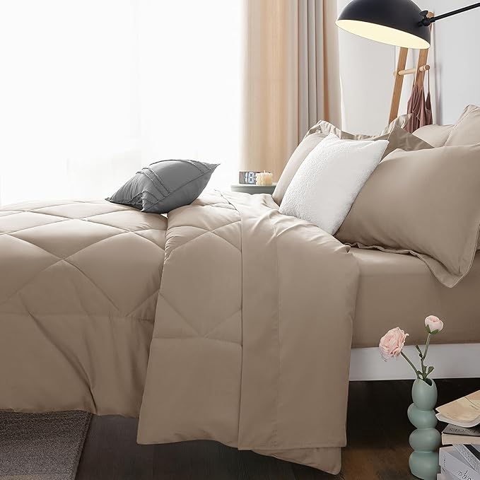 CozyLux Oversized King Comforter Set Khaki - 7 Pieces Bed in a Bag Comforter Set with Sheets, Luxury Soft Bed Set All Seasons, Bedding Set with Down Alternative Comforter, Sheets, Pillowcases & Shams