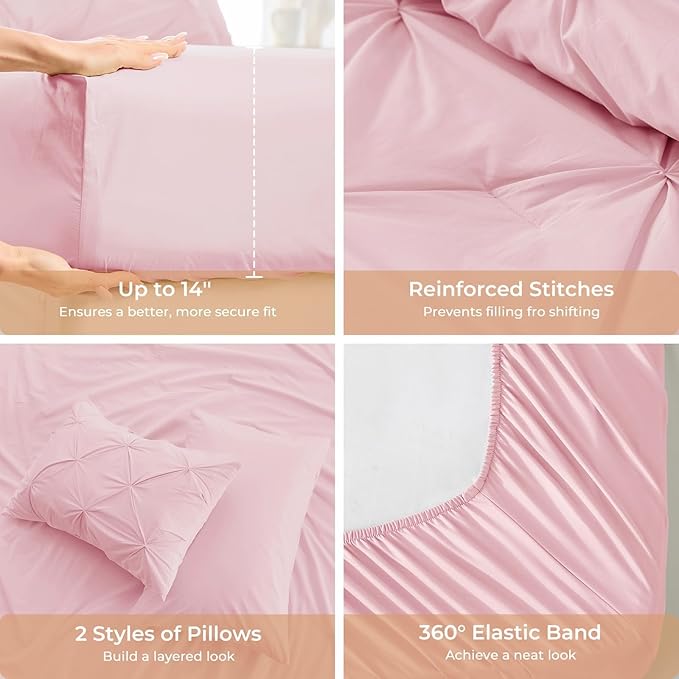 Sasttie Queen Comforter Set, 7-Piece Bed in a Bag, Pintuck Bedding Set for All Season, Includes Comforter, Flat Sheet, Fitted Sheet, Pillowcases and Pillowshams, Baby Pink