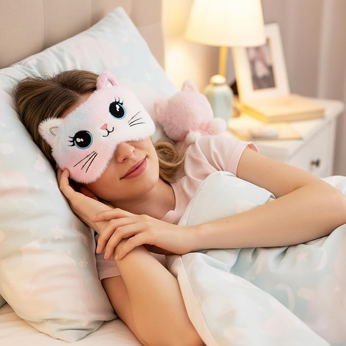 Kids Sleeping Mask, 2 Pcs Cute Plush Cat Sleep Mask for Kids Soft Comfortable Colorful Night Eye Masks Funny Animal Blindfold Eye Cover for Women Home Travel Nap (Cat, Koala)