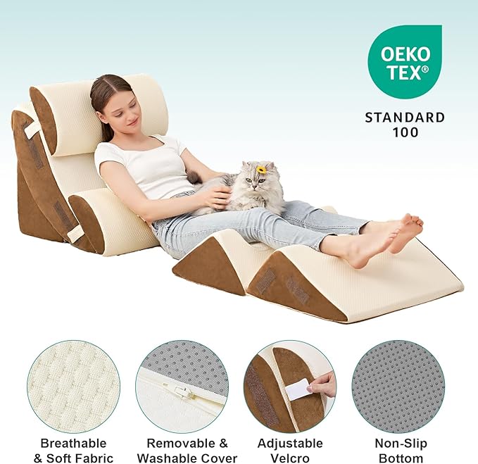 Hansleep Bed Wedge Pillow Set for After Surgery 6PCS, Post Surgery Pillow for Sleep Apnea and Acid Reflux Relief, Adjustable Reading Pillows Back Support with Memory Foam, Beige, 23"