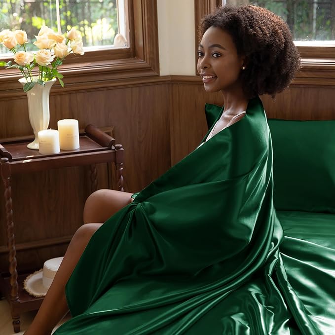 CozyLux Satin Sheets King Size Sheet Set - 4 Piece Silky King Sheets, Luxury Dark Green King Bed Set with Smooth and Soft Microfiber, Includes 1 Fitted Sheet, 1 Flat Sheet and 2 Pillowcases