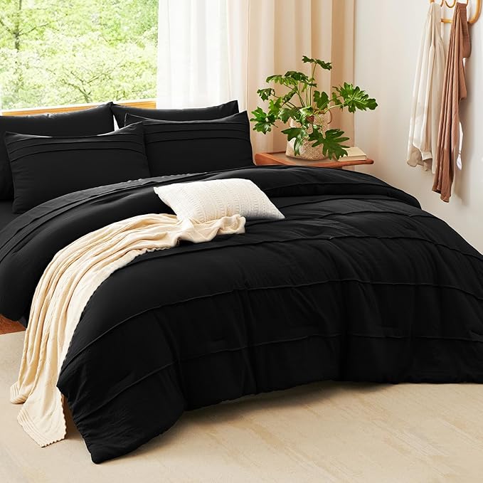 CozyLux Queen Comforter Set Black, 7 Pieces Soft Pinch Pleat Bed in a Bag Queen Comforter Set with Sheets, Boho Bed Set with Down Alternative Comforter, Sheets, Pillowcases & Shams