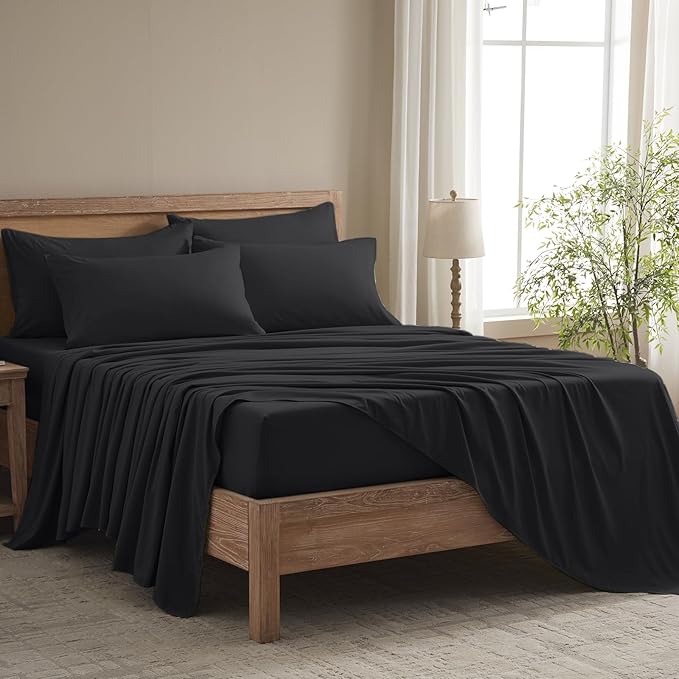 Queen Sheet Set - 6 Piece Sheets Queen Size Bed Set - Breathable & Cooling Hotel Luxury Bedding Set - Soft & Comfy Fully Elasticized 16" Deep Pocket Queen Sheets (Queen Balck)