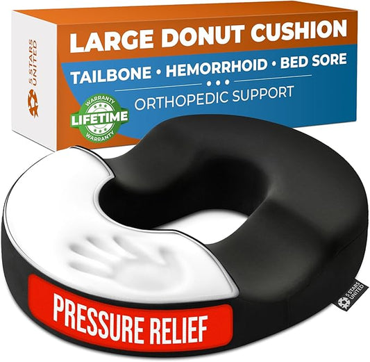 5 STARS UNITED Donut Pillow Hemorrhoid Tailbone Cushion – Large Floor Cushion for Pain Relief – Coccyx, Prostate, Sciatica, Pelvic Floor, Pressure Sores, Pregnancy, Postpartum Recovery, Black