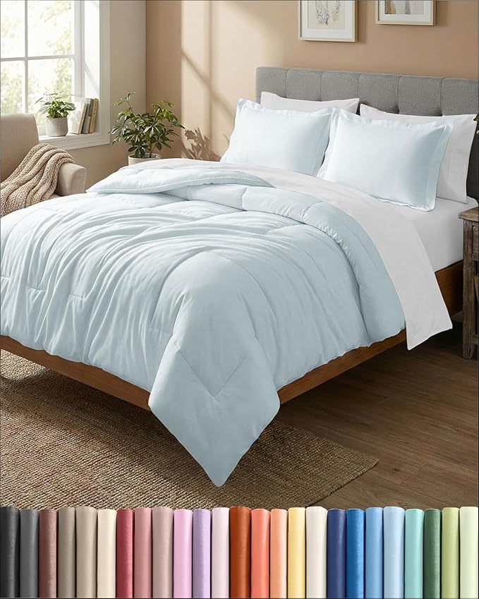 King Comforter Set - 3 Piece Bed Set for All Seasons - 1 Soft Quilted Comforter w/ Corner Tabs & 2 Pillow Shams - Comfy, Cozy & Breathable - Premium Down Duvet Insert - Oeko-TEX - King Size, Ice Blue