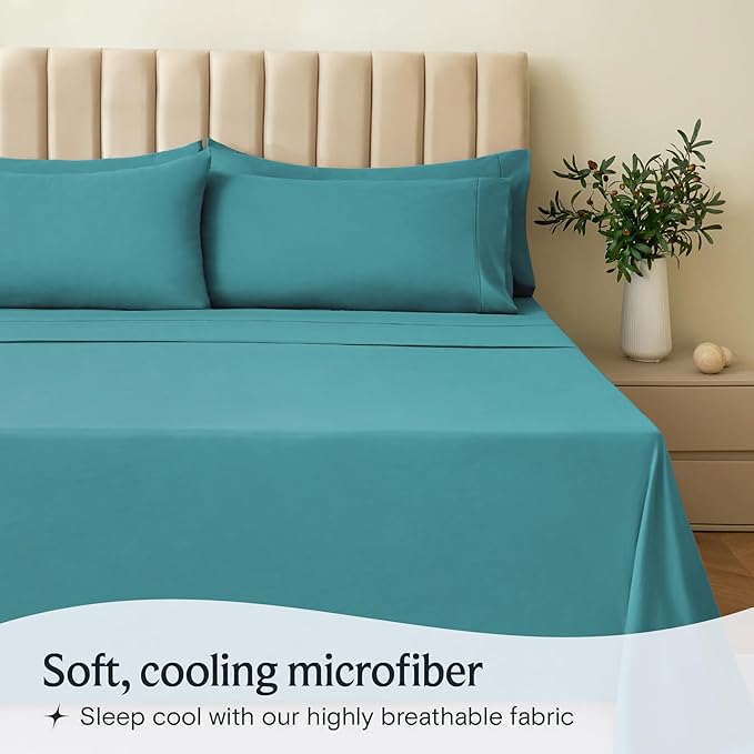LuxClub 4 PC California King Sheet Set, Breathable Luxury Bed Sheets, Deep Pockets 18" Wrinkle Free Cooling Sheets Machine Washable Hotel Bedding Silky Soft - Teal Cal King