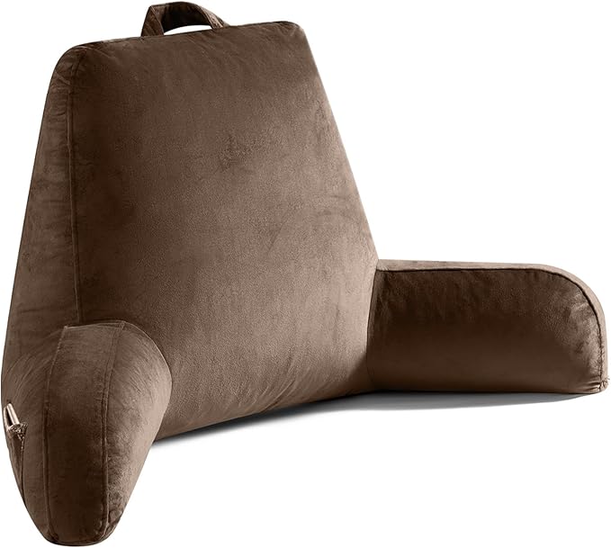 OAISZ Reading Pillow for Sitting in Bed Adult, Reading Pillow with Shredded Memory Foam, Back Pillow for Sitting Up with Extend Arms, Pockets, Bed Pillow with Washable Cover,Brown, X-Large