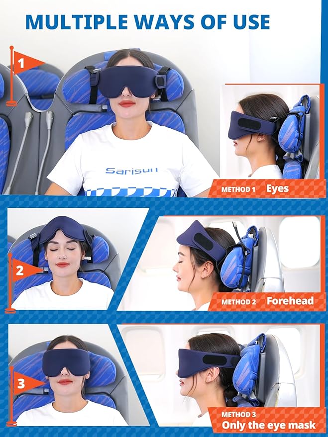 SARISUN Airplane Head Strap 3D Eye Mask, Travel Pillow Alternative for Long Flight, Travel Essentials 360° Support Sleep Head Hold, Stop Bobblehead, Ultra-Compact Lightweight, Purple