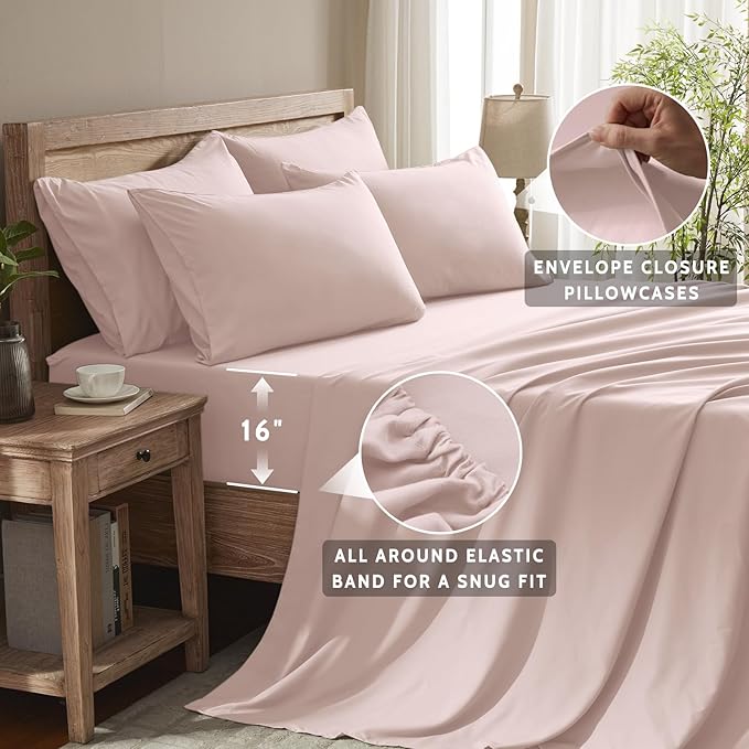 Cal King Size Sheets Set - 6 Piece Luxuriously Soft & Cooling Sheets Cal King Size - Ultra Soft 16" Deep Pocket Cal King Sheet Set - Fitted Sheet & Pillowcase Sets (Cal King Baby Pink)