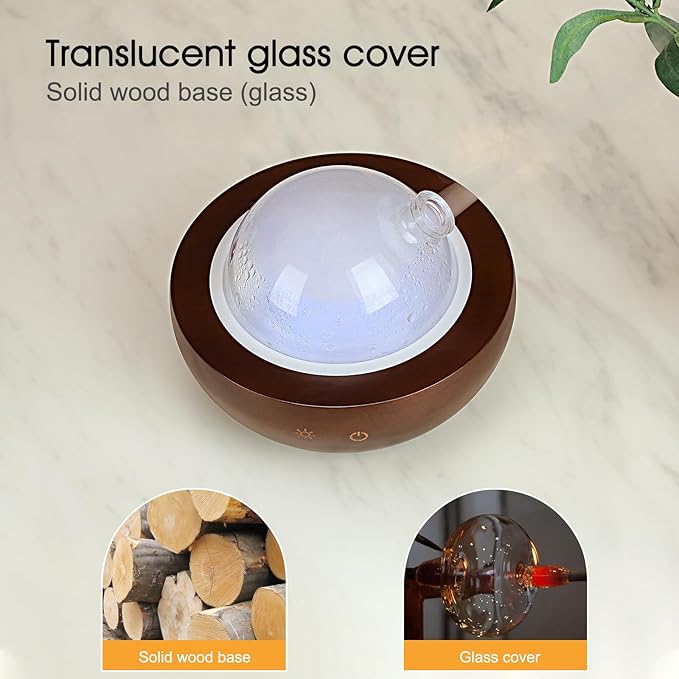 Glass Essential Oil Diffuser,Real Wood Base,The 2024 Upgrade Aromatherapy Diffuser,Aroma Diffuse Humidifier,LED Light in 7 Colors，Suitable for Home Office Bedroom-Brown