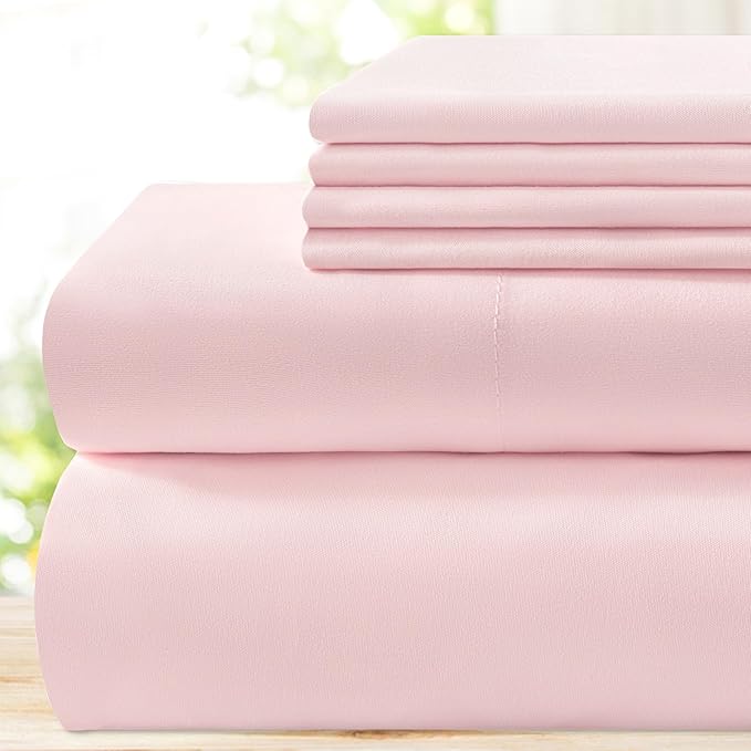 BYSURE 6 Pieces Bed Sheets Set(Queen, Light Pink) - Super Soft 1800 Thread Count 100% Microfiber Sheets with Deep Pockets, Wrinkle & Fade Resistant
