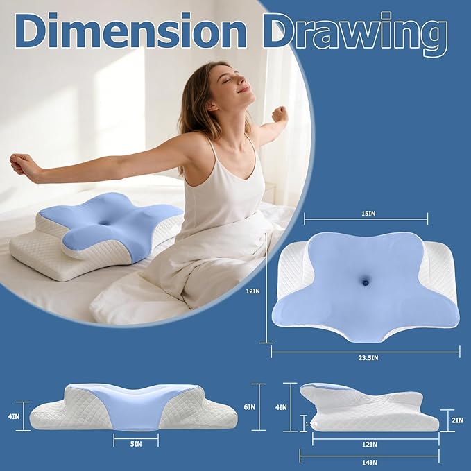 Memory Foam Neck Pillow - Adjustable Orthopedic Contour Pillow for Neck & Shoulder Support, Odorless, Side Back Stomach Sleeper Friendly, Enhanced Spinal Alignment - Light Blue