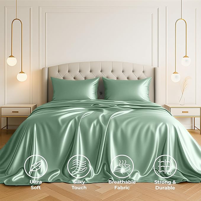 Satin Sheets King [4-Piece, Champagne Green] Hotel Luxury Silky Bed Sheets - Extra Soft 1800 Microfiber Sheet Set, Wrinkle, Fade, Stain Resistant - Deep Pocket Fitted Sheet, Flat Sheet, Pillow Cases