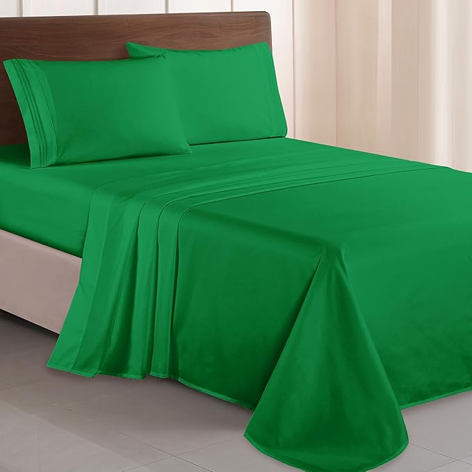 Elegant Comfort Luxurious 1500 Premium Hotel Quality Microfiber Three Line Embroidered Softest 4-Piece Bed Sheet Set, Wrinkle and Fade Resistant, Twin/Twin XL, Emerald Green