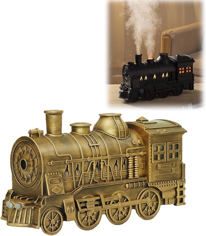 300ML Vintage Train Diffuser & Cool Mist Humidifier with Steam Effect, Remote Control, Dual Modes & Warm Blue LED Light (Gold, Without remote control)