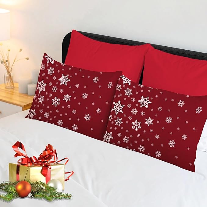 YIYEA Christmas Pillow Cases Queen Size Set of 4, Ultra Soft Double Brushed Microfiber Red Pillowcases and Christmas Snowflake Pillow Covers, Envelope Closure, Fade Resistant (20"x30")