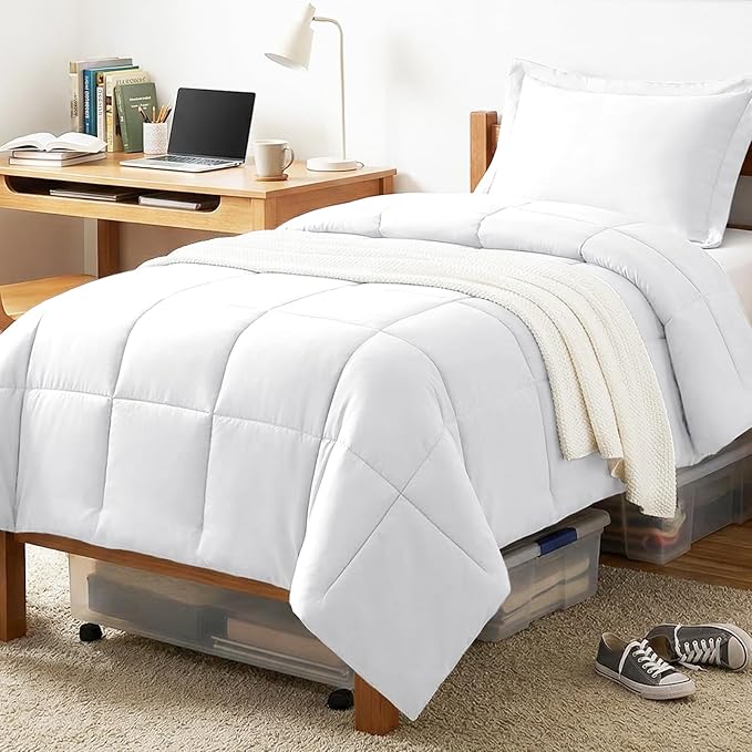 CozyLux Twin/Twin XL Comforter Set White - 2 Pieces Box Stitched Twin Bed Set for Teen Boys and Girls with All Season, Soft Lightweight Bedding Sets with 1 Down Alternative Comforter and 1 Pillow Sham