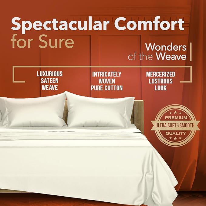 TEXAS LINEN CO. Luxury Egyptian Cotton Queen Size Sheet Set - Texan Talkin' Collection 600 Series 4 PC Deep Pocket Fitted and Flat Sheets, Cooling Extra Long Staple Sateen Hotel Bedding - Sand