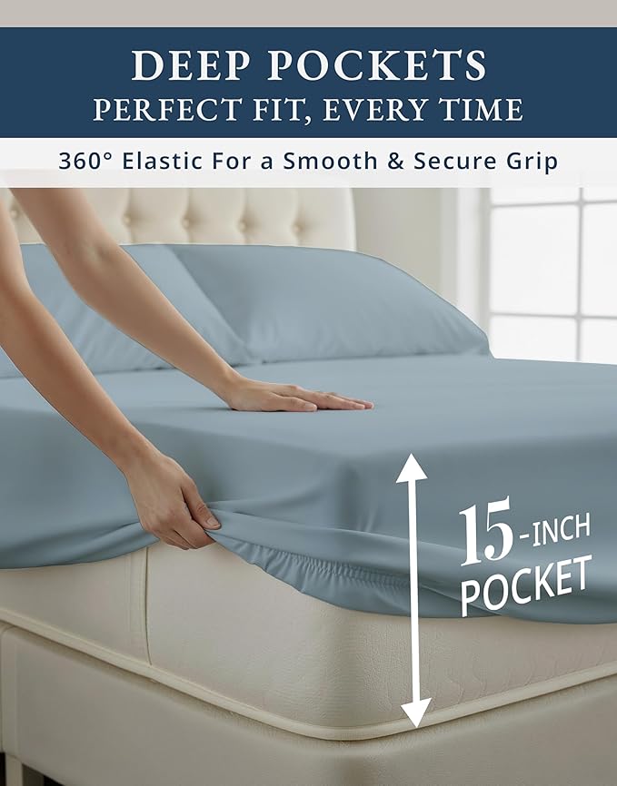 LANE LINEN Luxury Hotel Style 100% Egyptian Cotton Twin Sheets, Mercerized Cotton, Sily Finish, No Pill Fade Resistant Sustainably Produced Twin Bedding Sheets & Pillowcases - French Blue