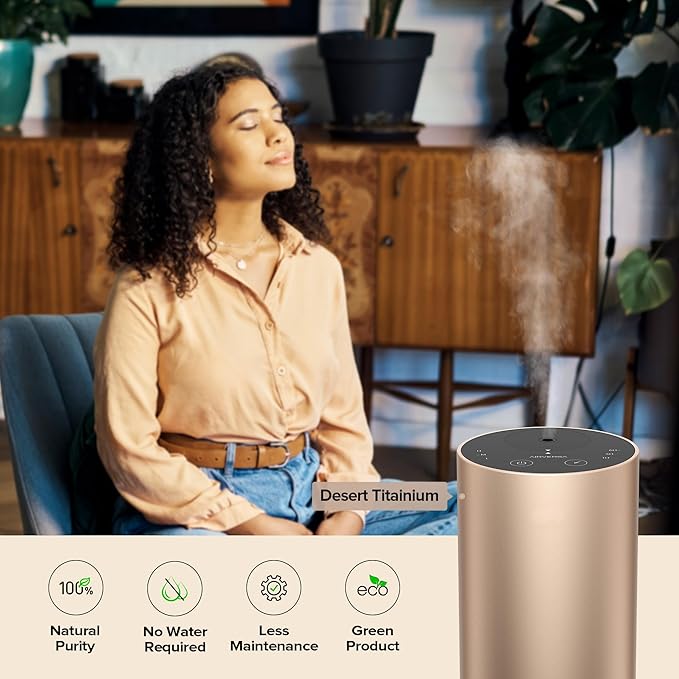 Waterless Essential Oil Diffuser Starter Kit with 30mL Sandal Lux Fragrance Oil Inspired by Luxury Hotel Scent for Home Car Office, Aroma Air Diffuser, Baterry Operated, ADX-Kit Metal Desert Titanium