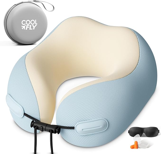 Cool Fly - Cool Colors Travel Neck Pillow Set. Cool Bright Fashion Pastel Colors. Luxury Memory Foam Airplane Adjustable Pillow. Cooling Silky Breathable Cover with Bonus Sleep mask, Blue-Beige