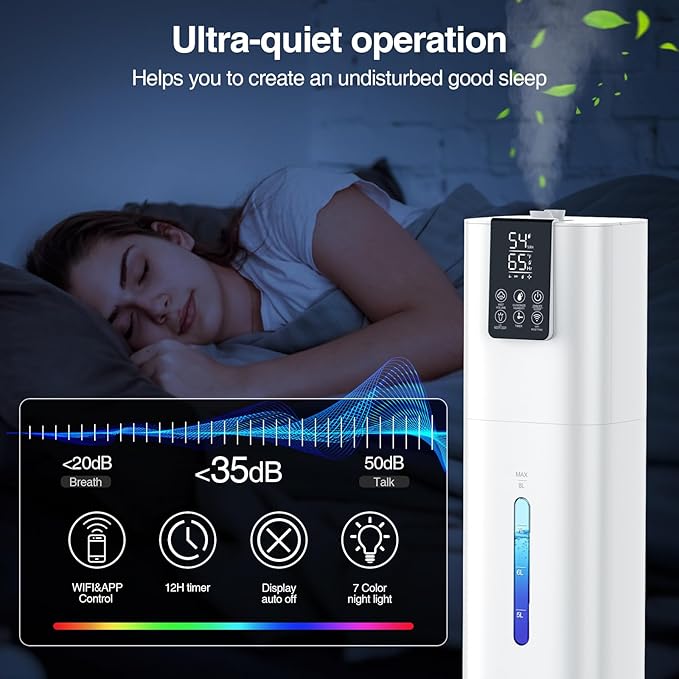 2.1Gal(8L) Smart Humidifier Large Room Bedroom Home, Quiet Top Fill Cool Mist Humidifier with Diffuser, Night Light, 3 Speed Humidifiers with 360° Nozzle, Timer, Humidity Setting for Plants Yoga Baby