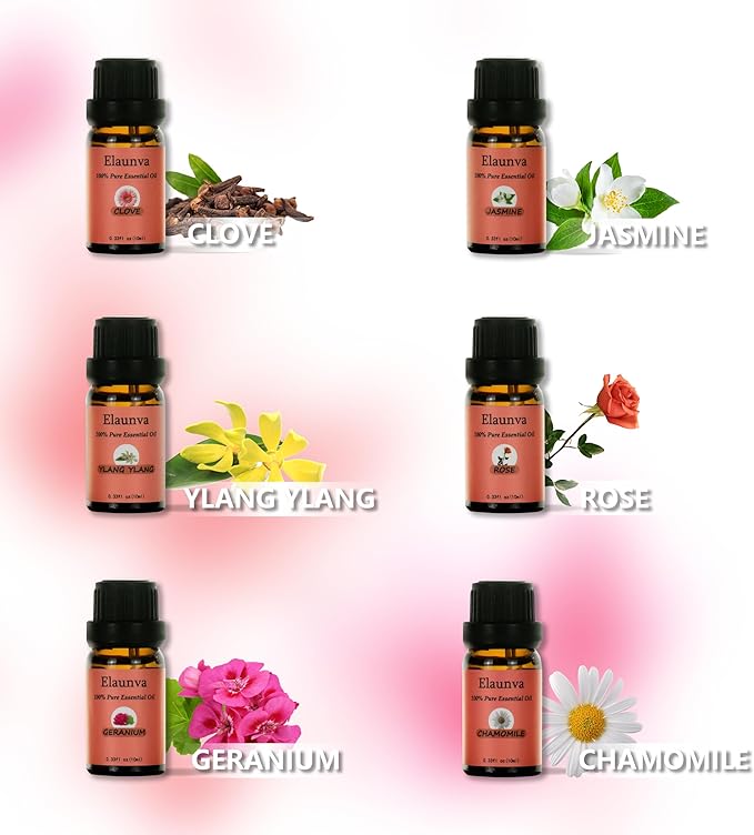 Essential Oils Set,100% Pure Natural,6 Scents(Clove/Chamomile/Rose/Jasmine/Geranium/Ylang Ylang),for Aromatherapy and Home Fragrance,Aroma Therapy Oil,Gift (0.33Fl Oz*6, Flower Set)