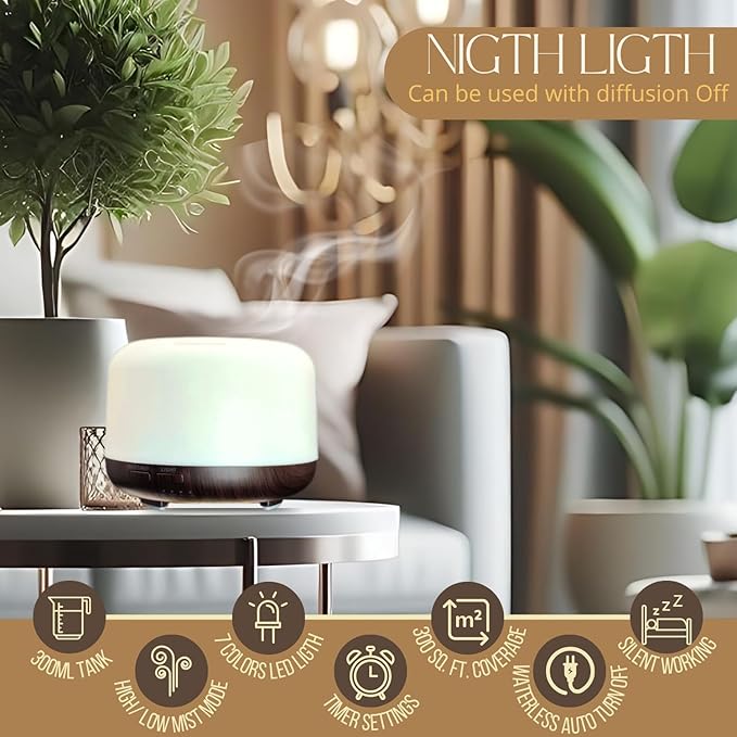 Mystic Romance Essential Oil Diffuser, 300ml Aromatherapy Humidifer and Nigth Ligth for Relaxing Atmosphere in Home Office Yoga and Spa, for Everyone, Auto-Off Safety Switch. Dark Wood