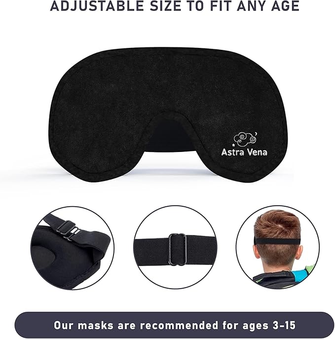 3D Sleep Mask for Kids, Light Block Sleeping Blindfold Memory Foam Contoured Eye Mask for Sleep, Adjustable Strap Eye Cover and Travel Sleep Mask for Boys Girls, Black