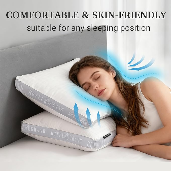 Hotel Grand Bed Pillows King Size Set of 2, 500 Thread Count Cotton Cover, Down Alternative Hotel Pillow for Side, Back, or Stomach Sleepers, Medium Firm Hypoallergenic 18”x34”