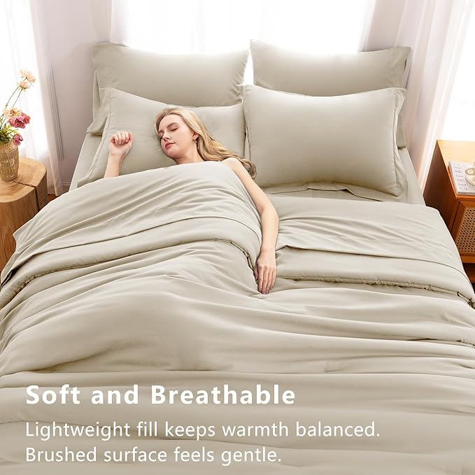 CozyLux Queen Comforter Set Oatmeal, 7 Pieces Bed in a Bag Queen Comforter Set with Sheets, Luxury Soft Bedding Sets with Down Alternative Comforter, Fitted Sheet, Flat Sheet, Pillowcases & Shams