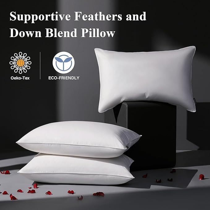DOWNSTORIA Goose Feather Down Pillow Standard Size Set of 2, Firm Hotel Collection Bed Pillows for Sleeping, 2 Pack, Down Surrounded Pillows for Side Sleepers 20 x 26 in.