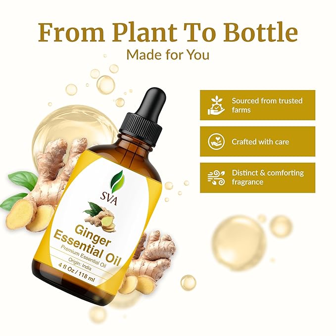 SVA Ginger Essential Oil – 4 Fl Oz – 100% Natural Ginger Oil - for Diffuser, Hair Care, Face, Skin Care, Aromatherapy, Scalp and Body Massage, Soap and Candle Making – with Dropper