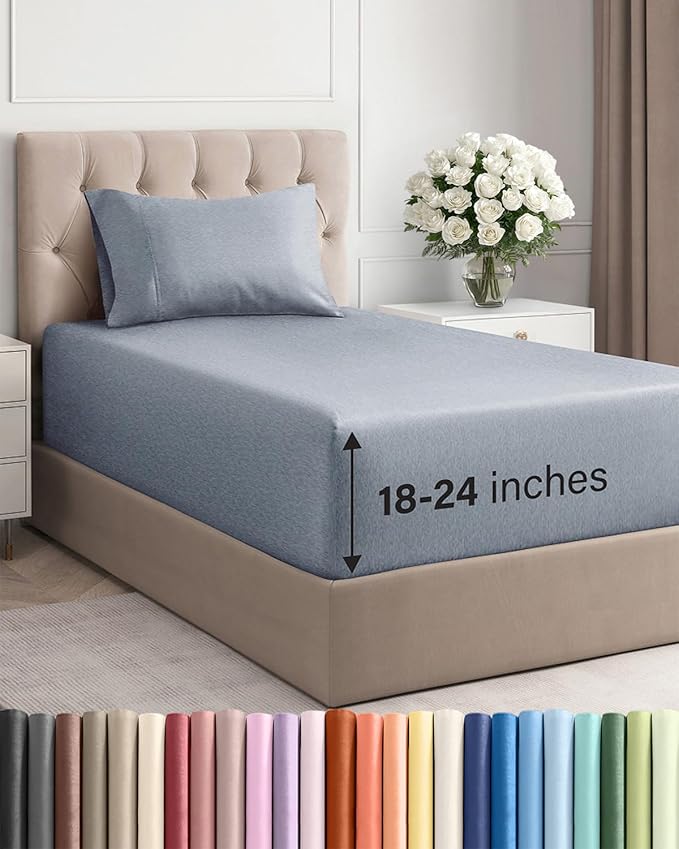 Extra Deep Twin Sheet Set - 3 Piece Breathable & Cooling Bed Sheets - Easily Fits 18 to 24 inch Mattress - Ultra Soft, Wrinkle & Fade Free w/ Extra Deep Pockets - Hotel Luxury Bedding - Heathered Blue
