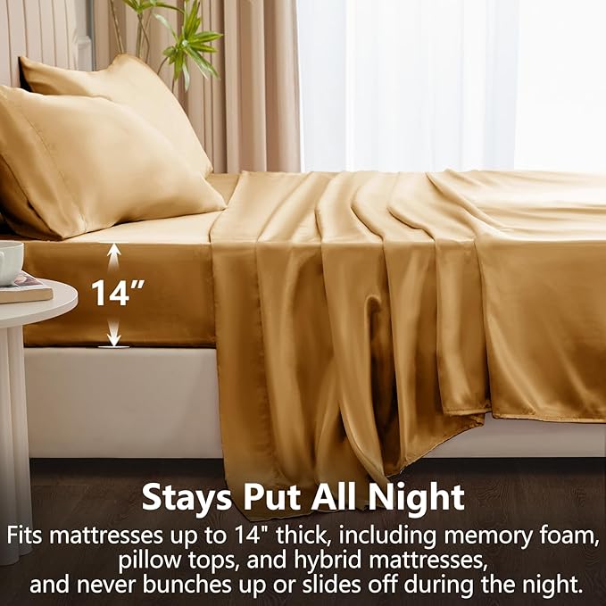 CozyLux Satin Sheets King Size Sheet Set - 4 Piece Silky King Sheets, Luxury Gold King Bed Set with Smooth and Soft Microfiber, Includes 1 Fitted Sheet, 1 Flat Sheet and 2 Pillowcases